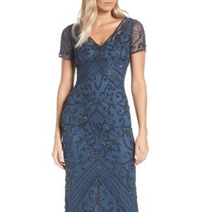 Beaded Mesh Column Gown